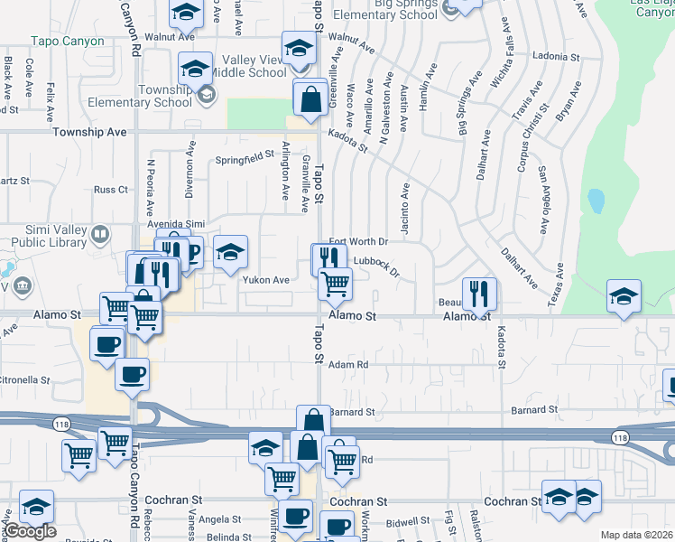 map of restaurants, bars, coffee shops, grocery stores, and more near 4496 Lubbock Drive in Simi Valley