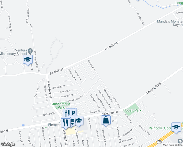 map of restaurants, bars, coffee shops, grocery stores, and more near 313 Contra Costa Avenue in Ventura