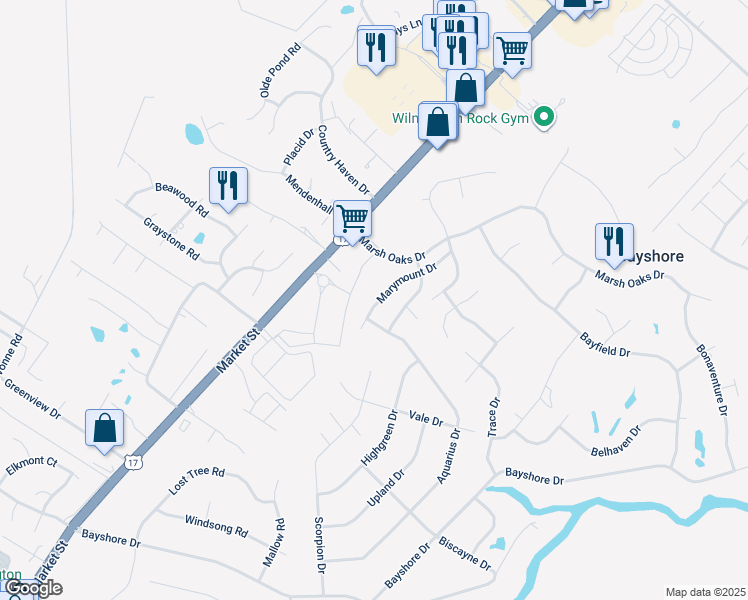 map of restaurants, bars, coffee shops, grocery stores, and more near 7731 Marymount Drive in Wilmington