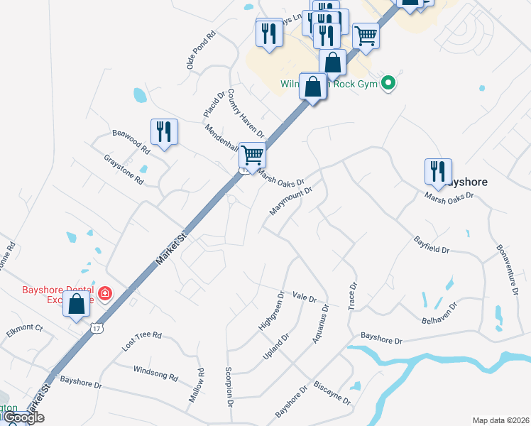 map of restaurants, bars, coffee shops, grocery stores, and more near 7729 Marymount Drive in Wilmington