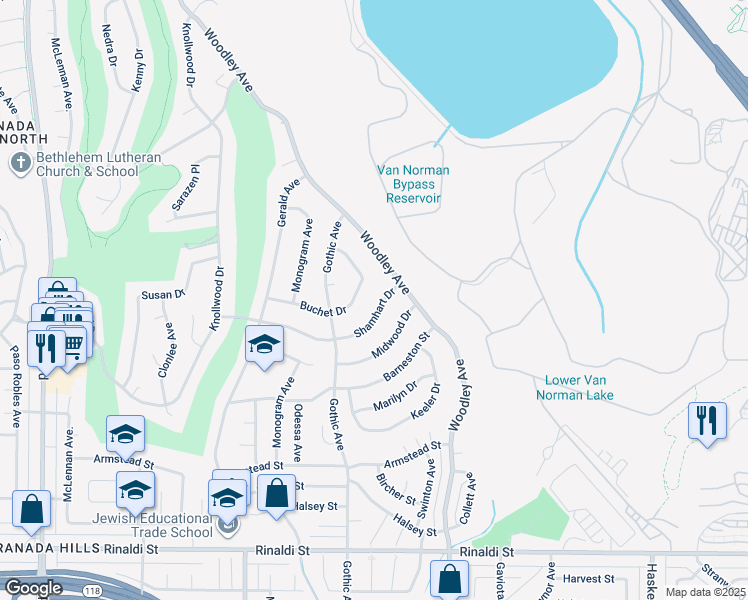 map of restaurants, bars, coffee shops, grocery stores, and more near 16356 Buchet Drive in Los Angeles
