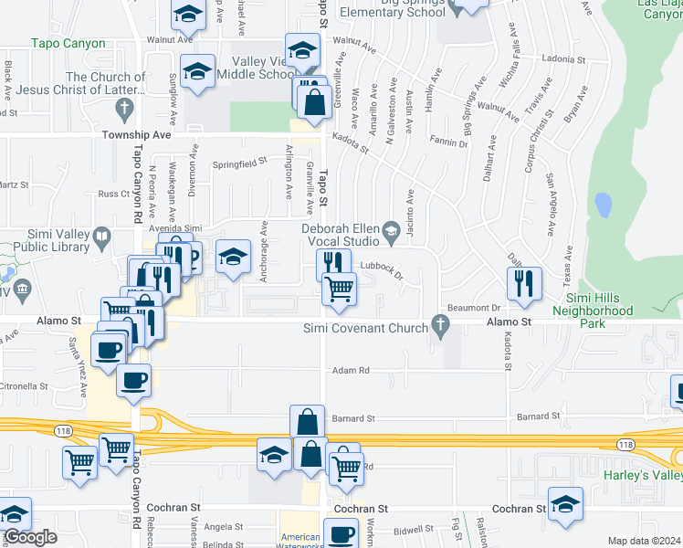 map of restaurants, bars, coffee shops, grocery stores, and more near 2917 Waco Avenue in Simi Valley