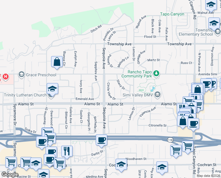 map of restaurants, bars, coffee shops, grocery stores, and more near 2889 Tiffany Lane in Simi Valley