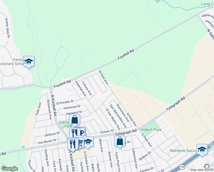 map of restaurants, bars, coffee shops, grocery stores, and more near 302 Contra Costa Avenue in Ventura