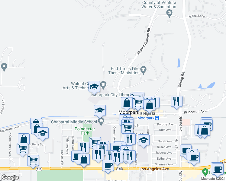map of restaurants, bars, coffee shops, grocery stores, and more near 150 Casey Road in Moorpark