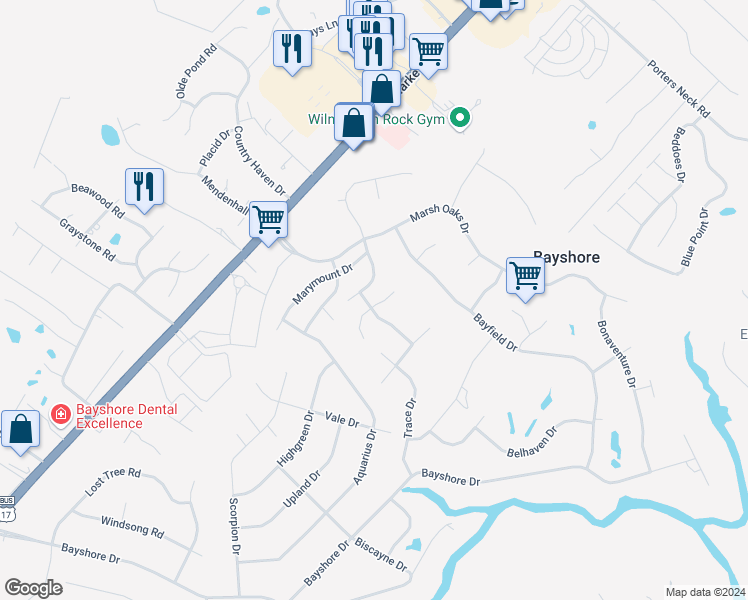 map of restaurants, bars, coffee shops, grocery stores, and more near 903 Trace Drive in Wilmington