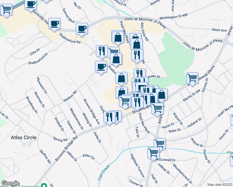 map of restaurants, bars, coffee shops, grocery stores, and more near 622 Shallowford Road Northwest in Gainesville