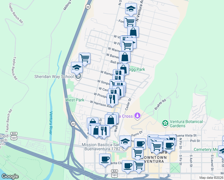 map of restaurants, bars, coffee shops, grocery stores, and more near 61 West Center Street in Ventura