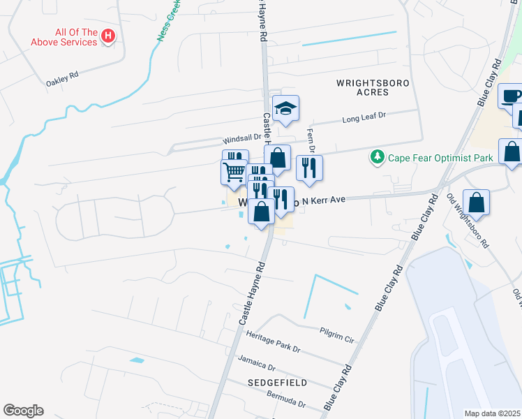 map of restaurants, bars, coffee shops, grocery stores, and more near 2545 Castle Hayne Road in Wilmington