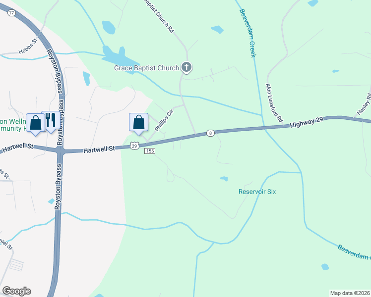 map of restaurants, bars, coffee shops, grocery stores, and more near 10671 Royston Highway in Royston