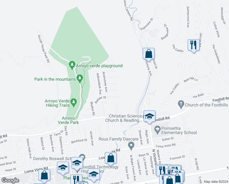 map of restaurants, bars, coffee shops, grocery stores, and more near 5550 Kamet Court in Ventura