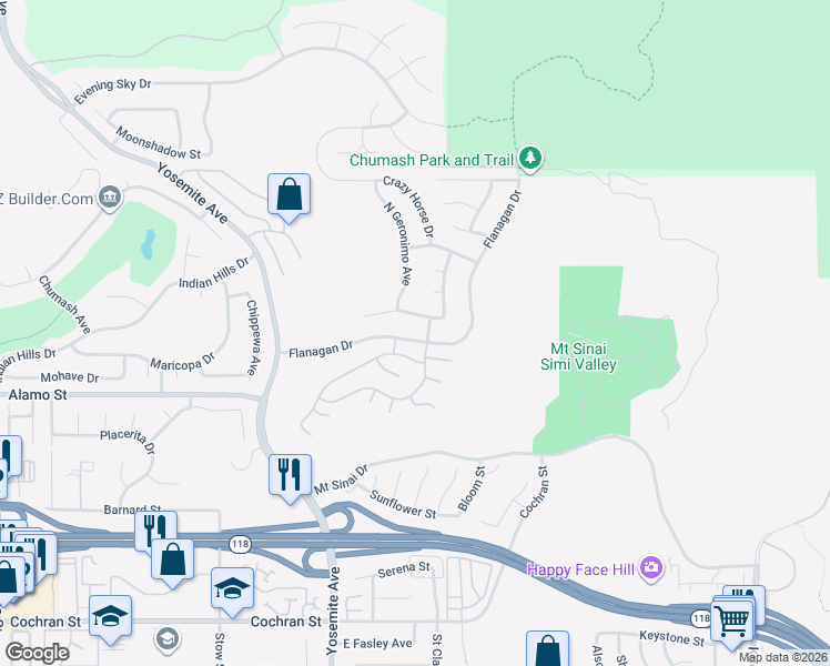 map of restaurants, bars, coffee shops, grocery stores, and more near 5952 Sitting Bull Place in Simi Valley