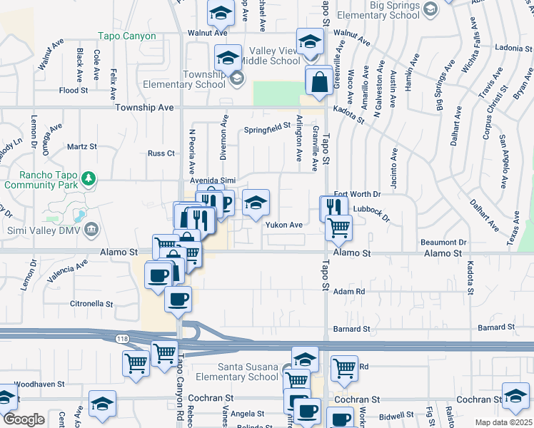 map of restaurants, bars, coffee shops, grocery stores, and more near 2947 Fairbanks Avenue in Simi Valley