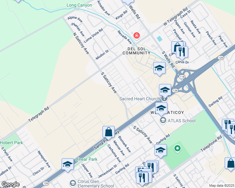 map of restaurants, bars, coffee shops, grocery stores, and more near 290 South Saticoy Avenue in Ventura