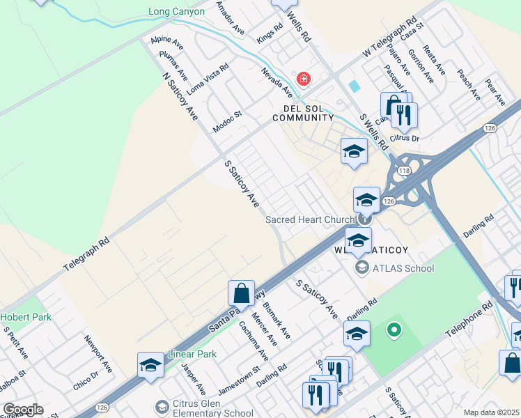map of restaurants, bars, coffee shops, grocery stores, and more near 290 South Saticoy Avenue in Ventura