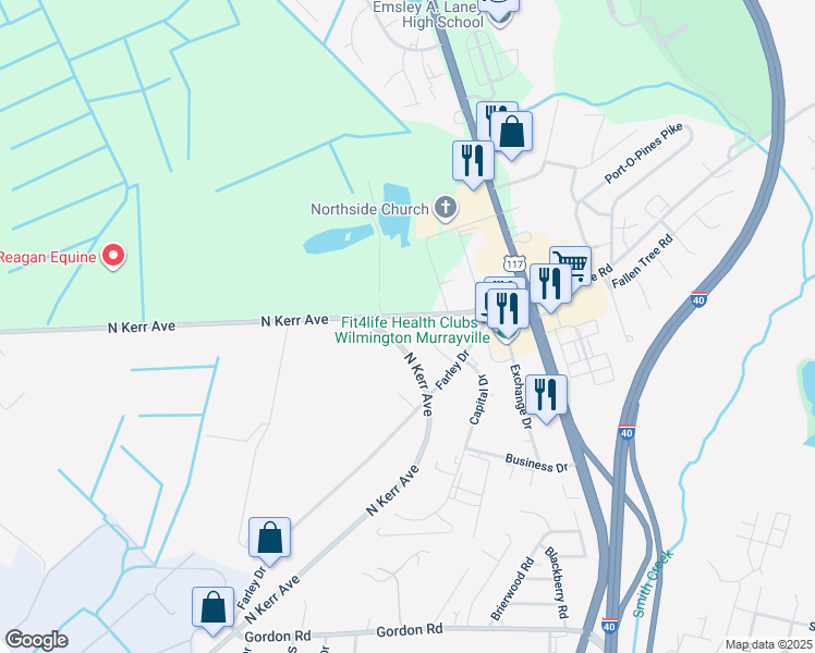 map of restaurants, bars, coffee shops, grocery stores, and more near 5526 Bavarian Lane in Wilmington