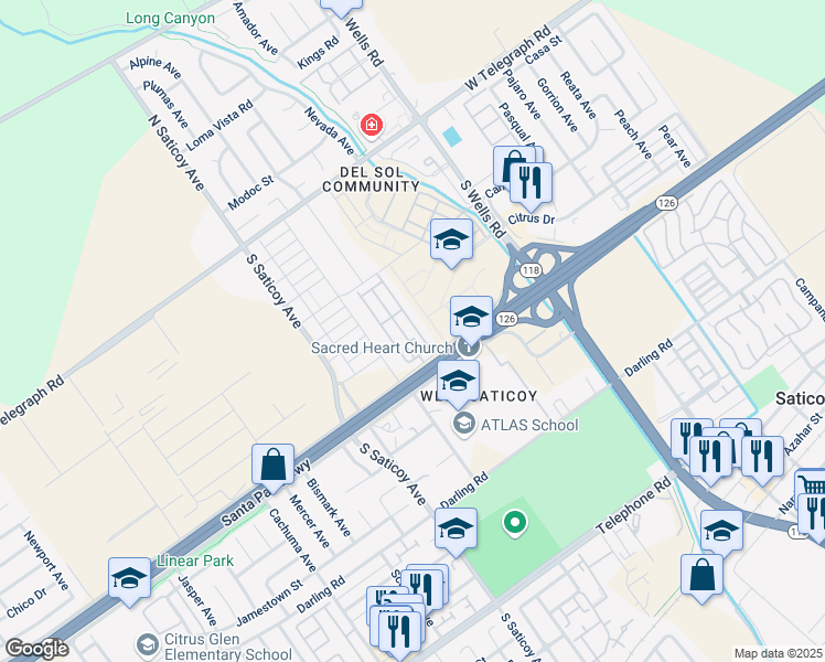 map of restaurants, bars, coffee shops, grocery stores, and more near 10685 Blackburn Road in Ventura