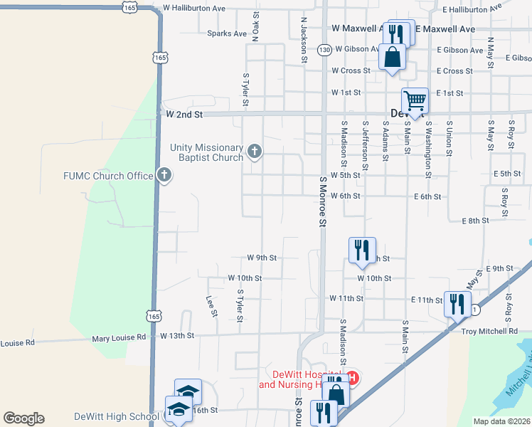 map of restaurants, bars, coffee shops, grocery stores, and more near 712 South Harrison Street in DeWitt