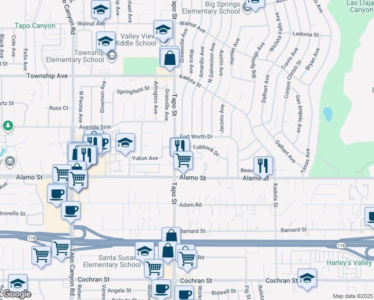 map of restaurants, bars, coffee shops, grocery stores, and more near 4508 Lubbock Drive in Simi Valley
