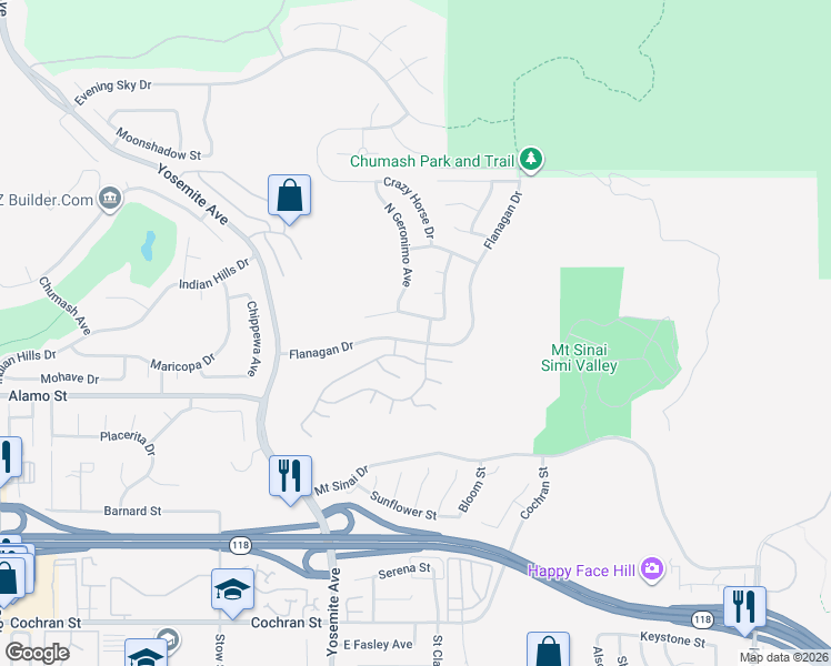 map of restaurants, bars, coffee shops, grocery stores, and more near 5952 Sitting Bull Place in Simi Valley