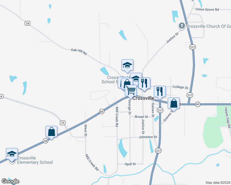 map of restaurants, bars, coffee shops, grocery stores, and more near 14838 Alabama 68 in Crossville