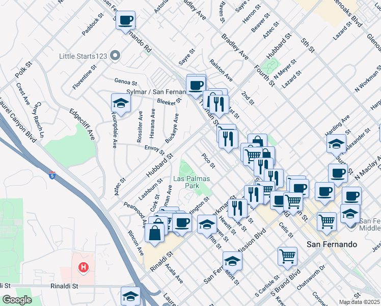 map of restaurants, bars, coffee shops, grocery stores, and more near 1639 Coronel Street in San Fernando