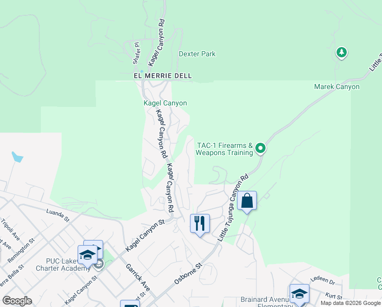 map of restaurants, bars, coffee shops, grocery stores, and more near 12070 East Trail in Kagel Canyon