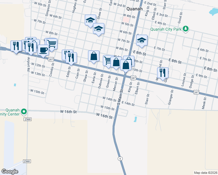 map of restaurants, bars, coffee shops, grocery stores, and more near 1200-1298 Green St in Quanah