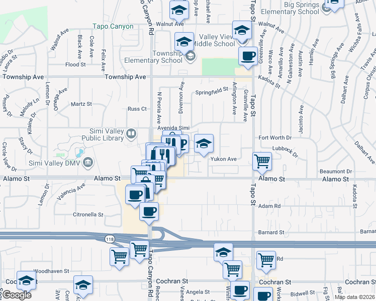 map of restaurants, bars, coffee shops, grocery stores, and more near 4118 Orontes Way in Simi Valley