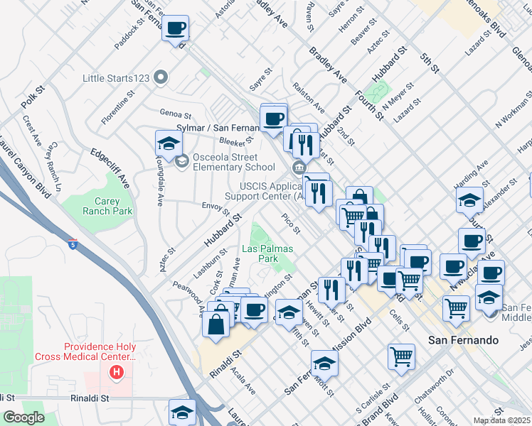 map of restaurants, bars, coffee shops, grocery stores, and more near 1639 Coronel Street in San Fernando
