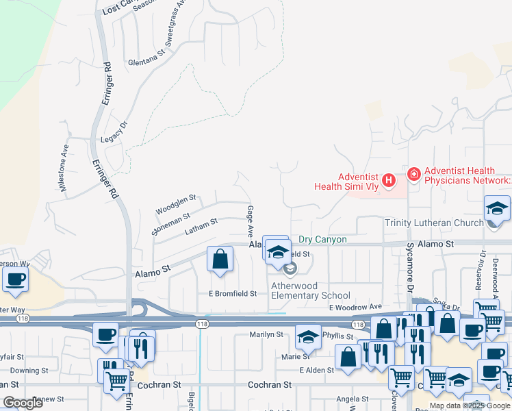 map of restaurants, bars, coffee shops, grocery stores, and more near 2898 Gage Street in Simi Valley