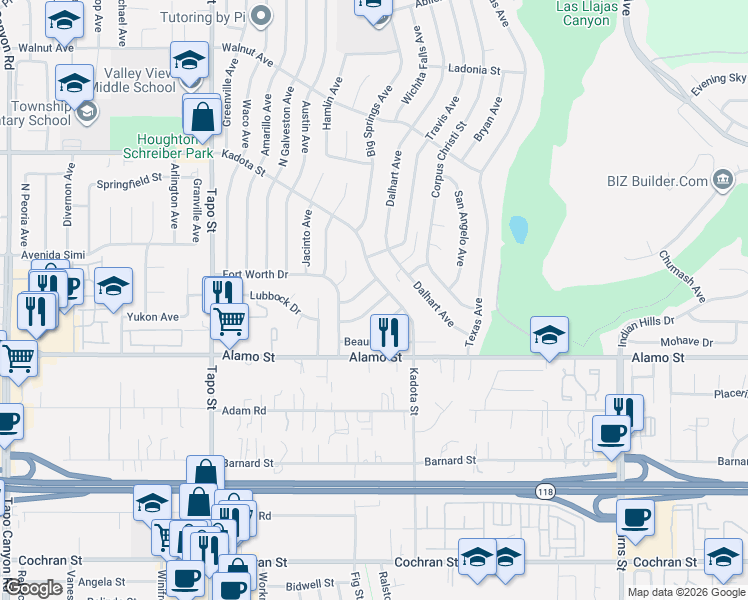 map of restaurants, bars, coffee shops, grocery stores, and more near 4662 Kleberg Street in Simi Valley