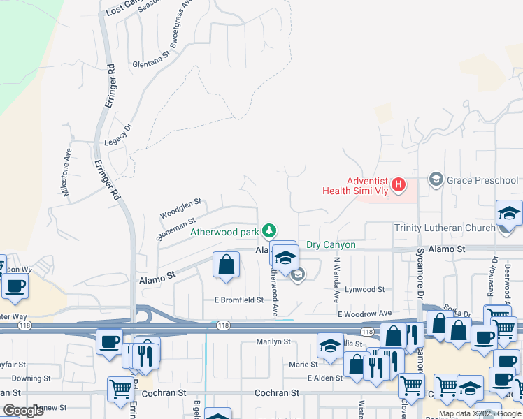 map of restaurants, bars, coffee shops, grocery stores, and more near 2898 Gage Street in Simi Valley
