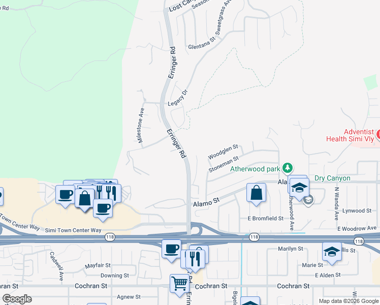 map of restaurants, bars, coffee shops, grocery stores, and more near 2895 Big Sky Place in Simi Valley