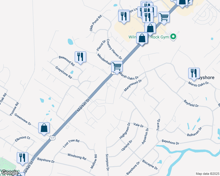 map of restaurants, bars, coffee shops, grocery stores, and more near 115 Amberleigh Drive in Wilmington