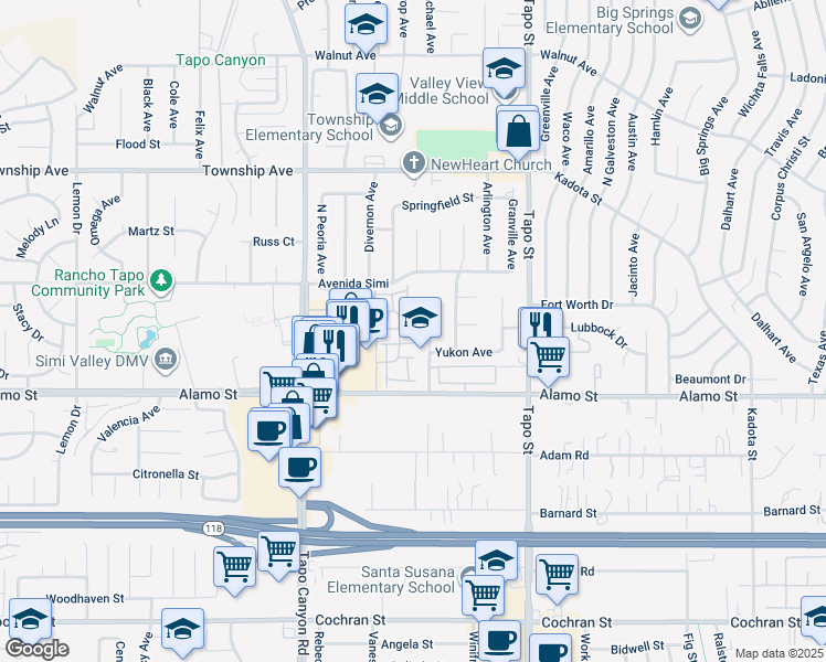 map of restaurants, bars, coffee shops, grocery stores, and more near 4190 Orontes Way in Simi Valley