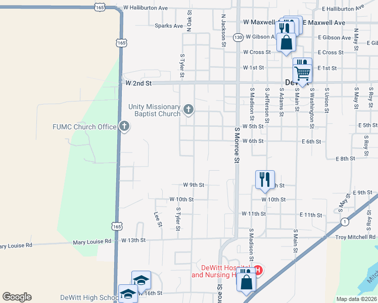 map of restaurants, bars, coffee shops, grocery stores, and more near 712 South Harrison Street in DeWitt