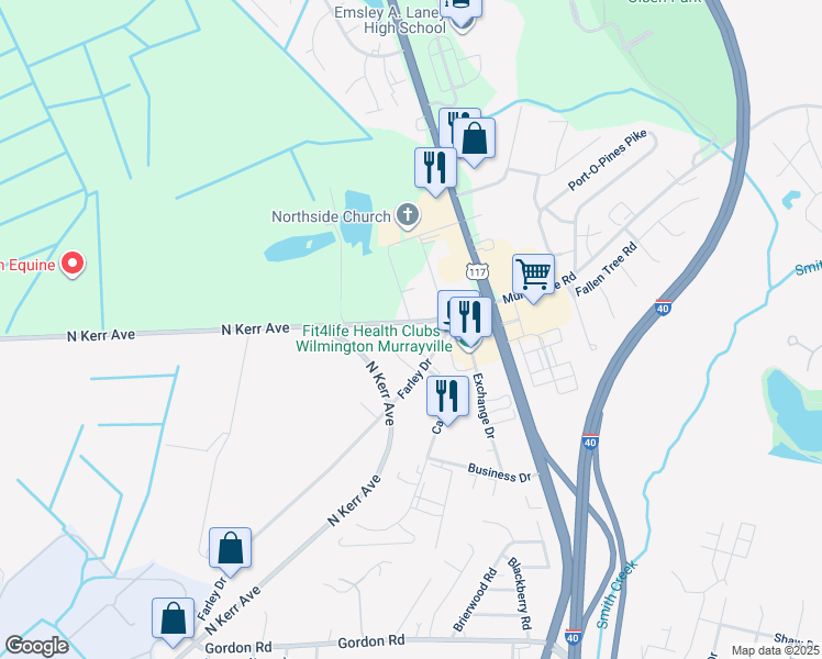 map of restaurants, bars, coffee shops, grocery stores, and more near 5600 Bavarian Lane in Wilmington