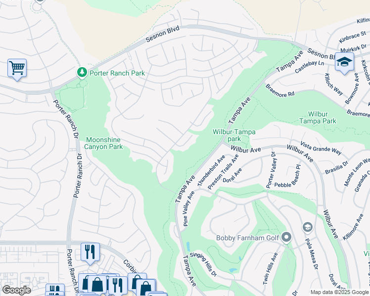map of restaurants, bars, coffee shops, grocery stores, and more near 19636 Pine Valley Way in Los Angeles