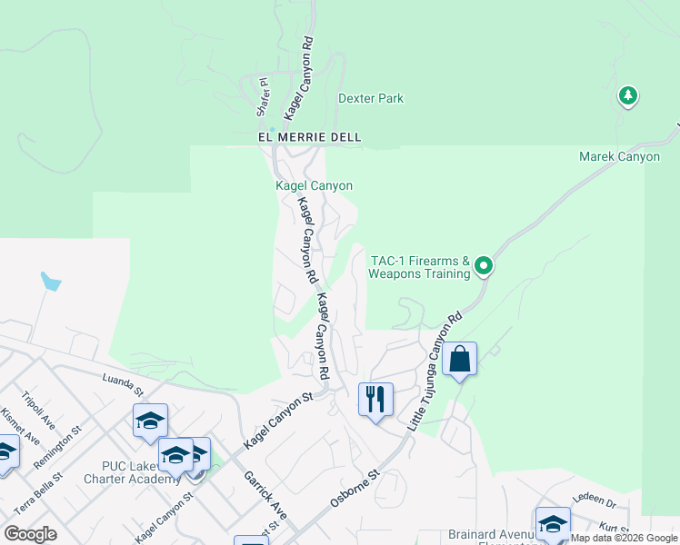map of restaurants, bars, coffee shops, grocery stores, and more near 12070 East Trail in Kagel Canyon