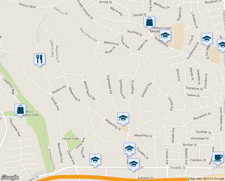 map of restaurants, bars, coffee shops, grocery stores, and more near 12000 Highwater Road in Granada Hills