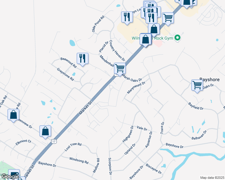 map of restaurants, bars, coffee shops, grocery stores, and more near 7888 Market Street in Wilmington