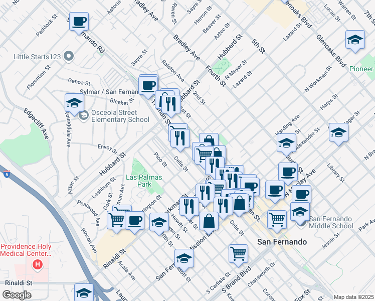 map of restaurants, bars, coffee shops, grocery stores, and more near 1547 San Fernando Road in San Fernando