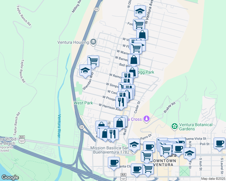 map of restaurants, bars, coffee shops, grocery stores, and more near 141 West Center Street in Ventura