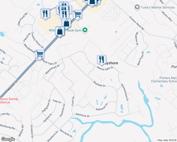map of restaurants, bars, coffee shops, grocery stores, and more near 7909 Pawleys Lane in Wilmington