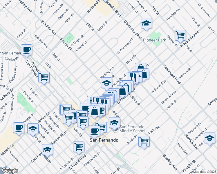 map of restaurants, bars, coffee shops, grocery stores, and more near 411 North Alexander Street in San Fernando