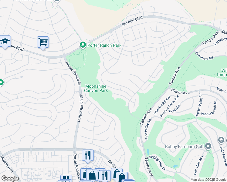 map of restaurants, bars, coffee shops, grocery stores, and more near 19835 Winged Foot Way in Los Angeles