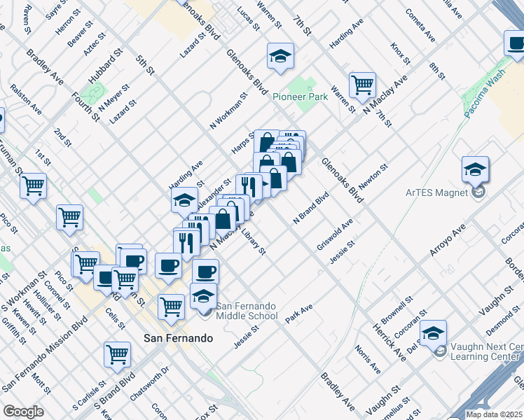 map of restaurants, bars, coffee shops, grocery stores, and more near 578 Maclay Street in San Fernando