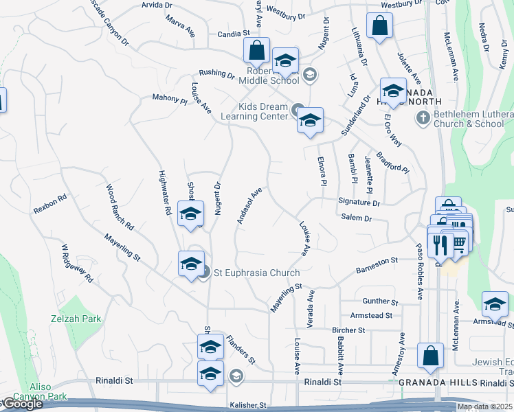 map of restaurants, bars, coffee shops, grocery stores, and more near 11956 Andasol Avenue in Los Angeles