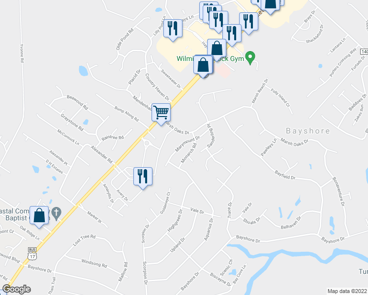 map of restaurants, bars, coffee shops, grocery stores, and more near 7750 Marymount Drive in Wilmington